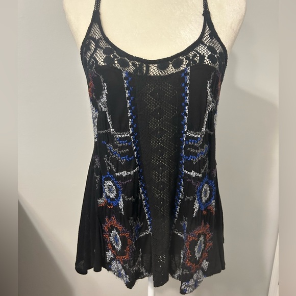 Free people crochet embroidered black tunic tank top B1 - Picture 2 of 13